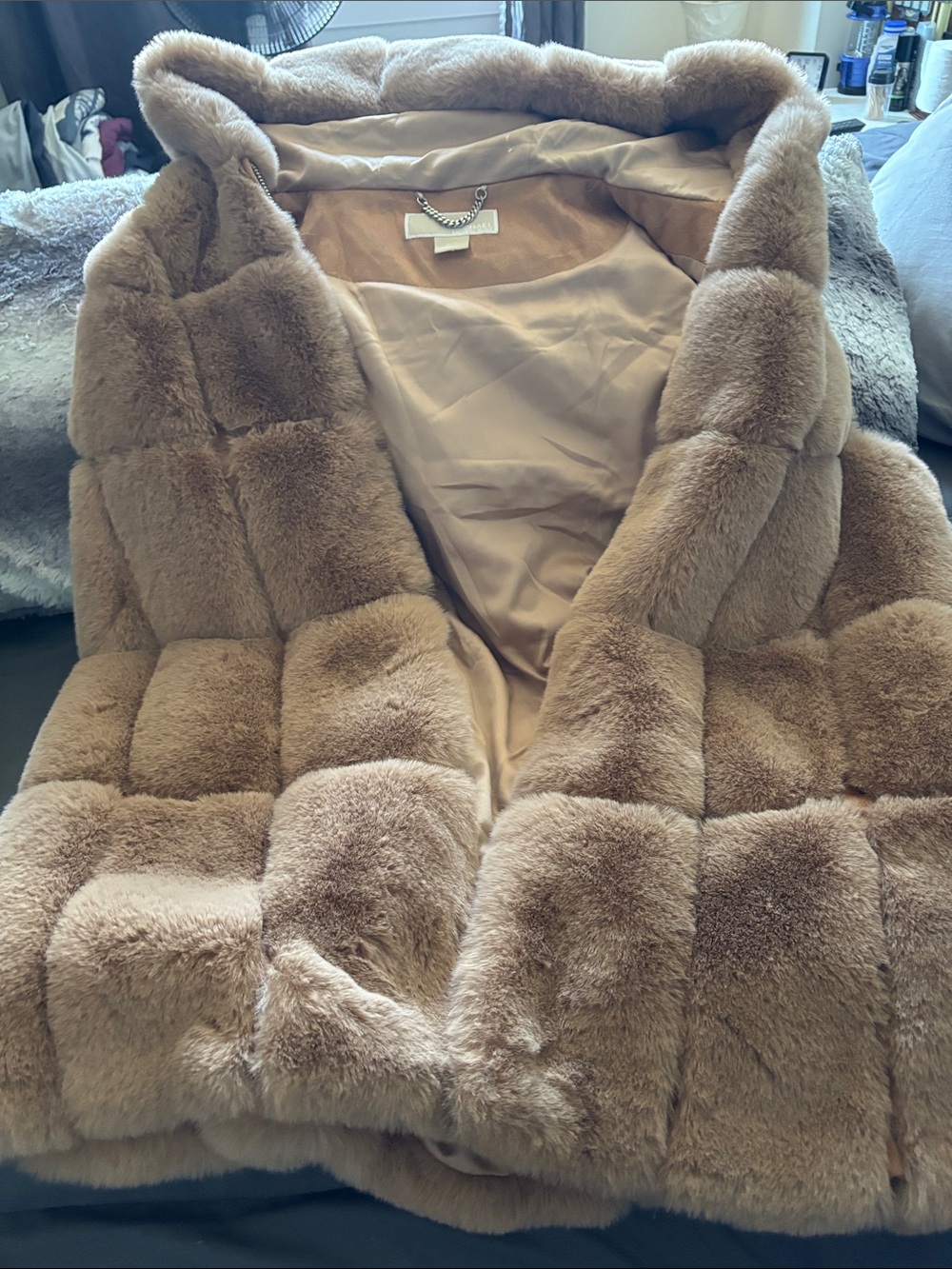 Michael Kors Plush Teddy Hooded Jacket in Camel